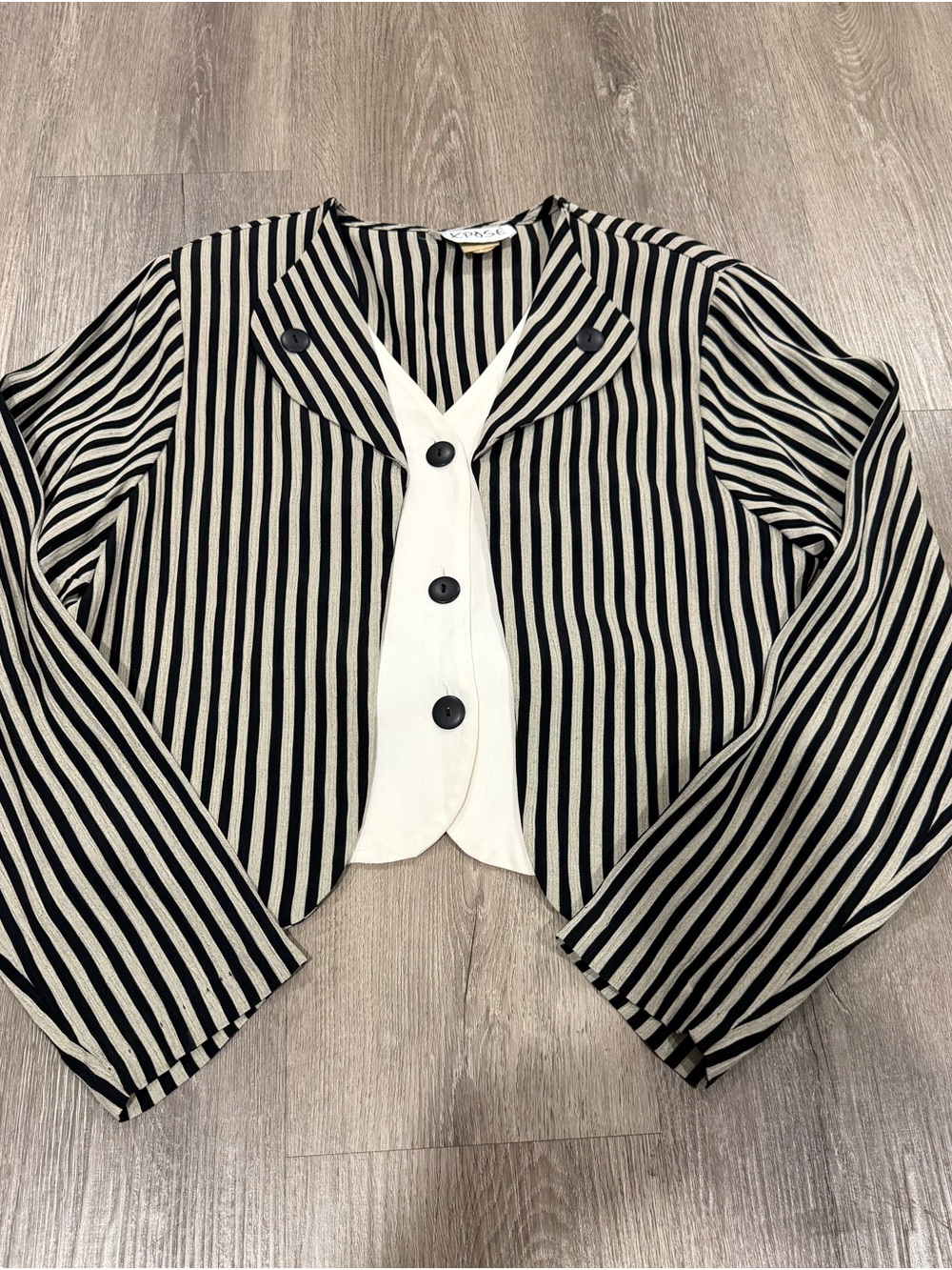 Striped Black & Cream Cropped Blazer with Contrast Placket